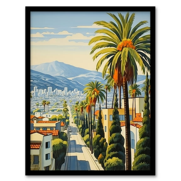 Sunset Strip Los Angeles California Artwork Blue Orange Green Palm Tree Street Cityscape Art Print Framed Poster Wall Decor 12x16 inch