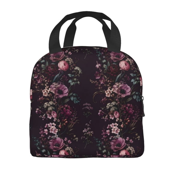 Dark Burgundy Floral Lunch Bag Thick Aluminum Foil Cooler Tote for Women Work Picnic Gift