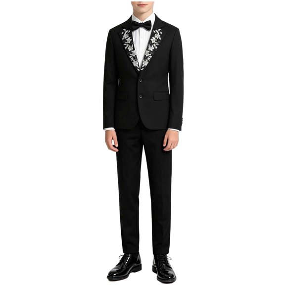 Zpanxa Boys Outfits Boys Dark Green Blazer and Pants Suit Set Gold Embroidery 2 Piece Formal Outfit