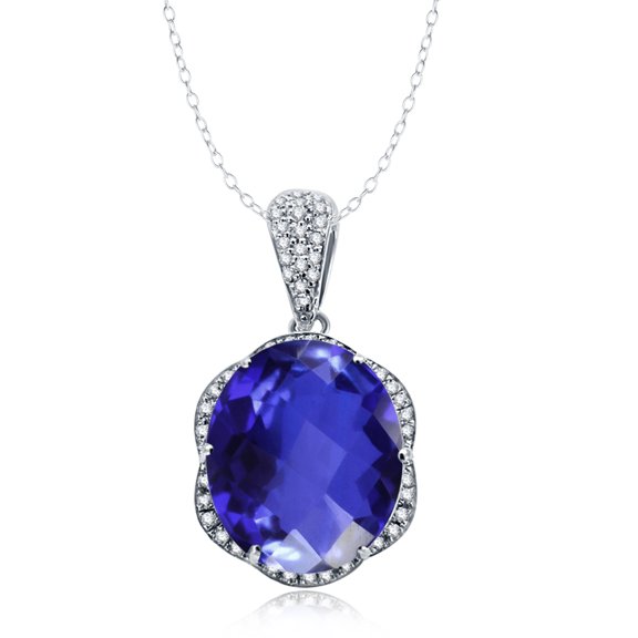 Sterling Silver Blue Sapphire and Natural White Topaz Flower Pendant with 18''Chain