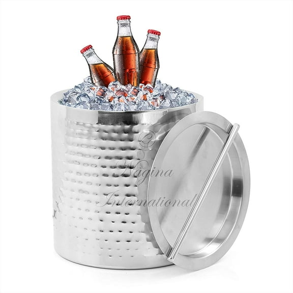 7" Silver Ice Buckets with Lid Style Handle | Conductive Cooler & Cellar Bucket Hammed Style Surface | Kitchen Ware & Barwares | Lightweight & Portable