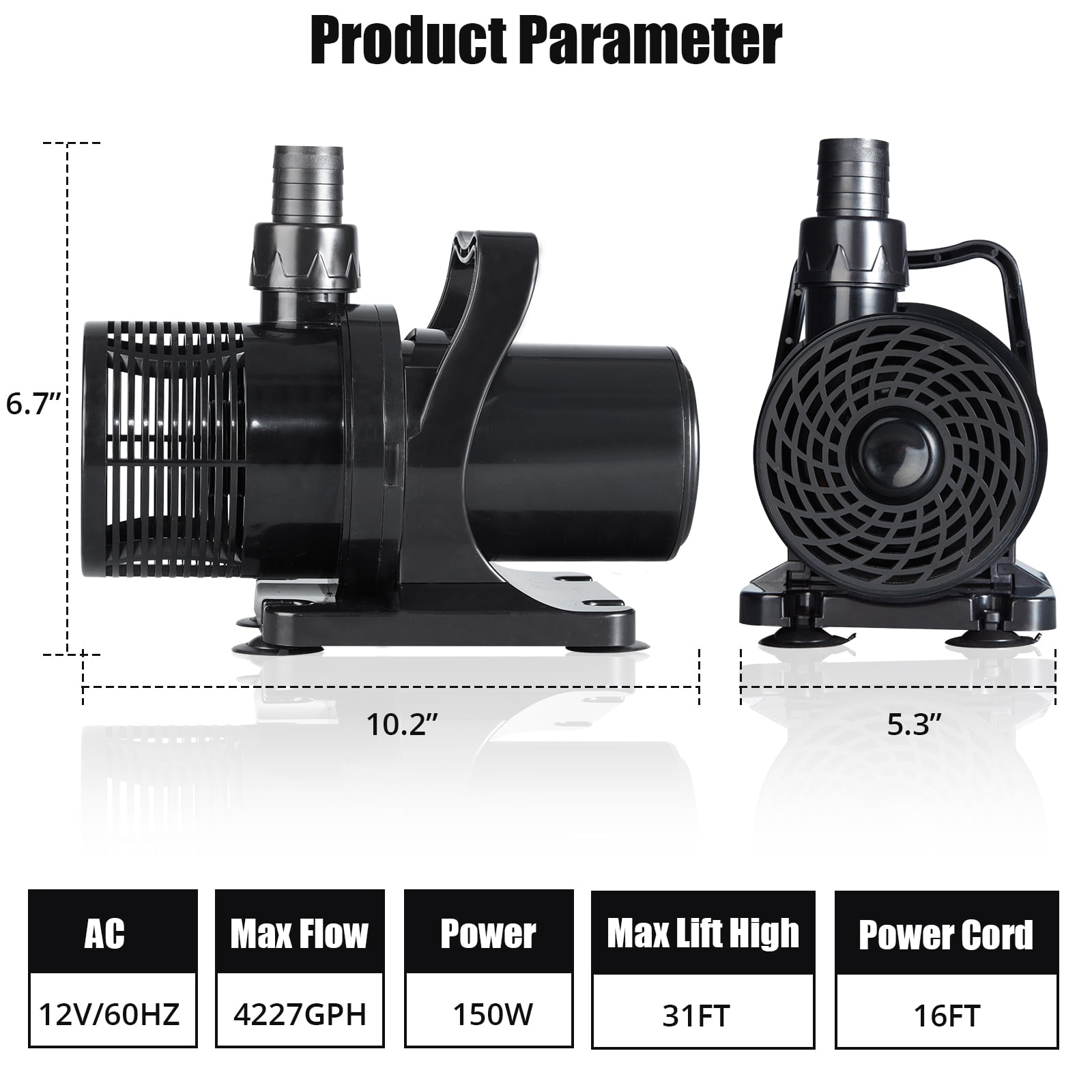 High Flow Large Fountain Submersible Water Pond Sump Pump Aquarium Electric Waterfall Pump w/ 16 FT Cord for Ponds, Fountains, Waterfalls and Water Circulation(4227GPH-150W, 31 FT Lift High)