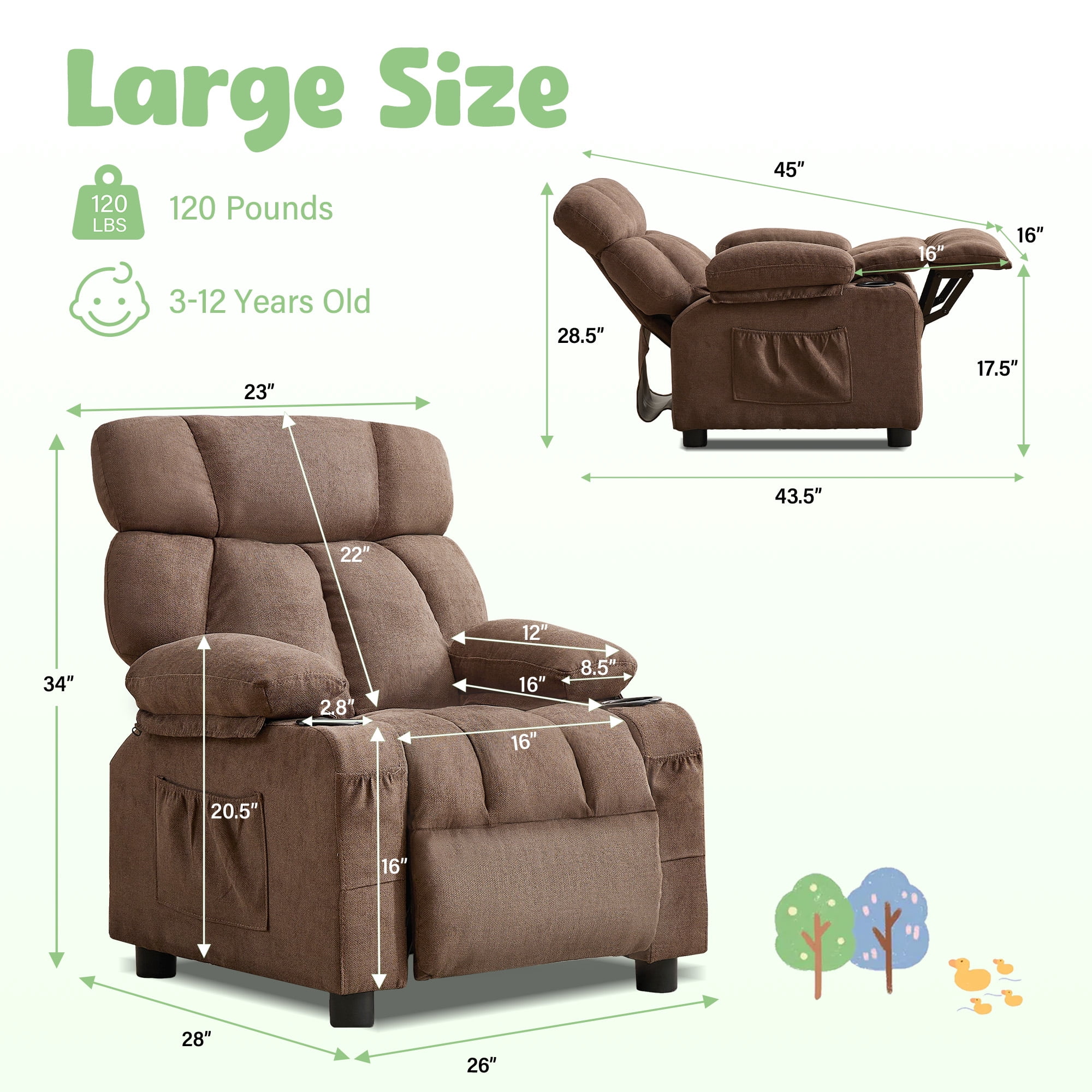JONPONY Kids Recliner Chair,Push Back Toddler Recliner with Cup Holders & Side Pockets,Adjustable Footrest & Headrest Kids Sofa for Boys Girls 3+ Age Group, Brown