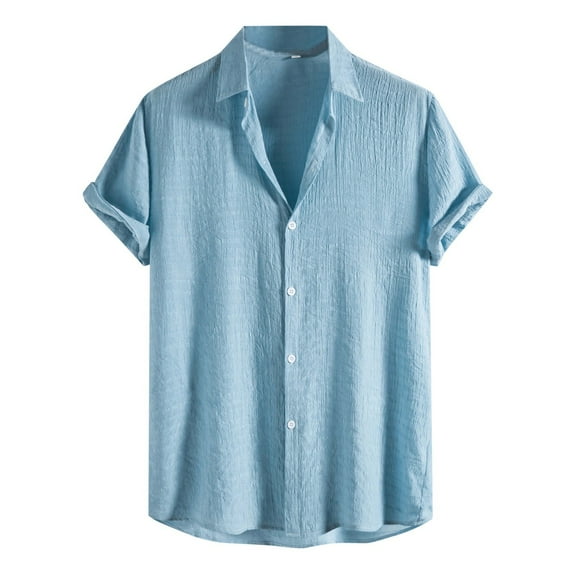 LIIPEE Men Shirts Casual Solid Color Short Sleeve Lapel Button Down Shirt Male Fashion Texture Loose Fit Tops Comfortable Breathable Soft Daily Shirts,Blue,L