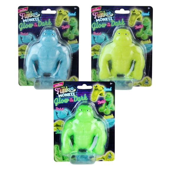 ORB Mega GLOW IN THE DARK Funkee Monkee 3 Pack - Stretchy, Squishy, Funny, Colorful Glowing Monkeys - Perfect to Squeeze for Stress Relief - Fun Collectible Sensory and Fidget Toys for Kids and Adult