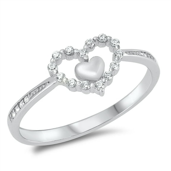 Clear CZ Studded Double Promise Heart Love Ring .925 Sterling Silver Band White Female Size 10