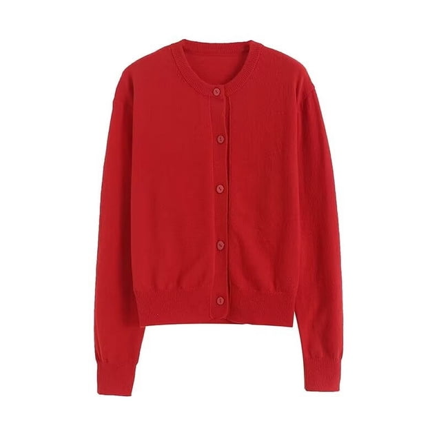 Printemps 2024 Cardigan Rouge pour Femmes Manches Longues Col Rond Bouton avant Manteau Pull Féminin