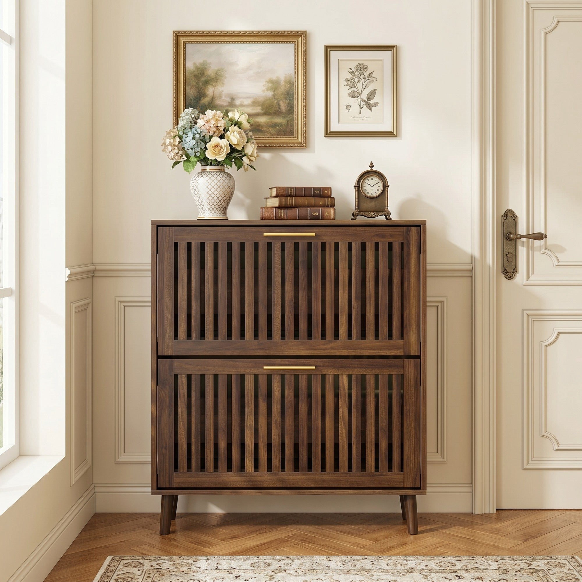 Sailvan 31.5" Walnut Shoe Storage Cabinet, Mid-Century Modern Freestanding Fence Cabinet