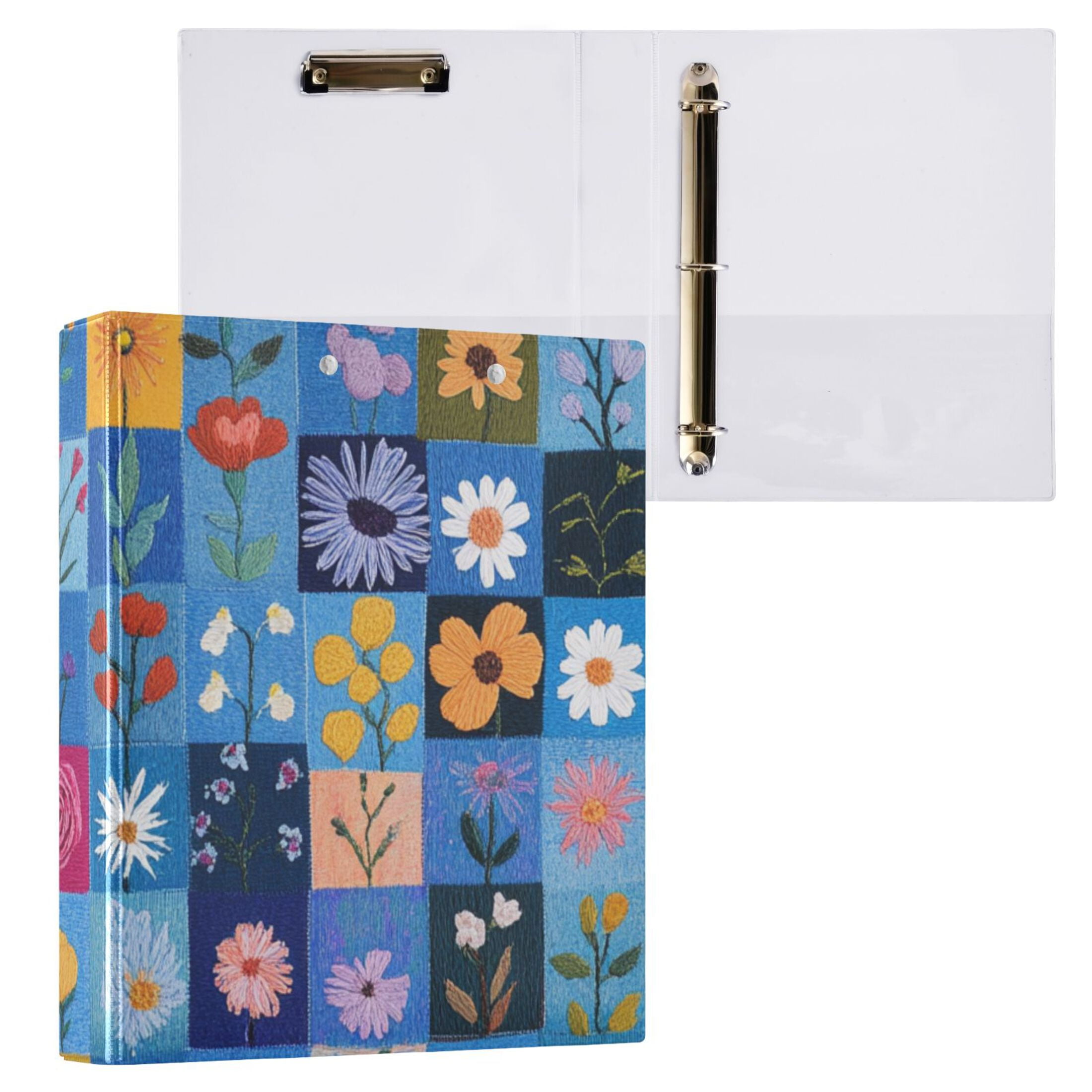 Flowers in Blue Grids 3 Ring Binders 1.5 inch Hardcover File Folders with Interior Pockets A4 Size Organizer for School Office Hospital