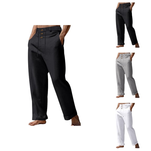 Cotton Linen Pants for Men Elastic Waist Drawstring Loose Fit Straight Leg Beach Casual Pants with Pockets Trousers