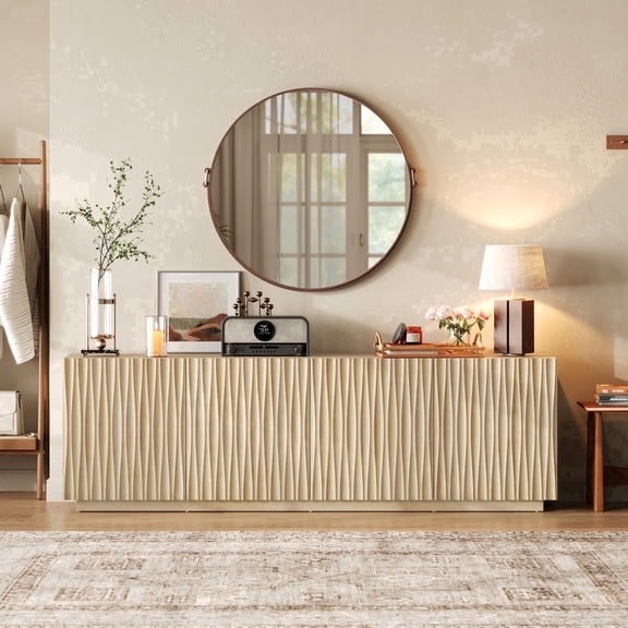 CHIC HOUSE 70" Sideboard Media Cabinet with Storage, Fluted Wood Buffet Cabinet, Media Console TV Stand Wood Credenza for Living Room, Oak
