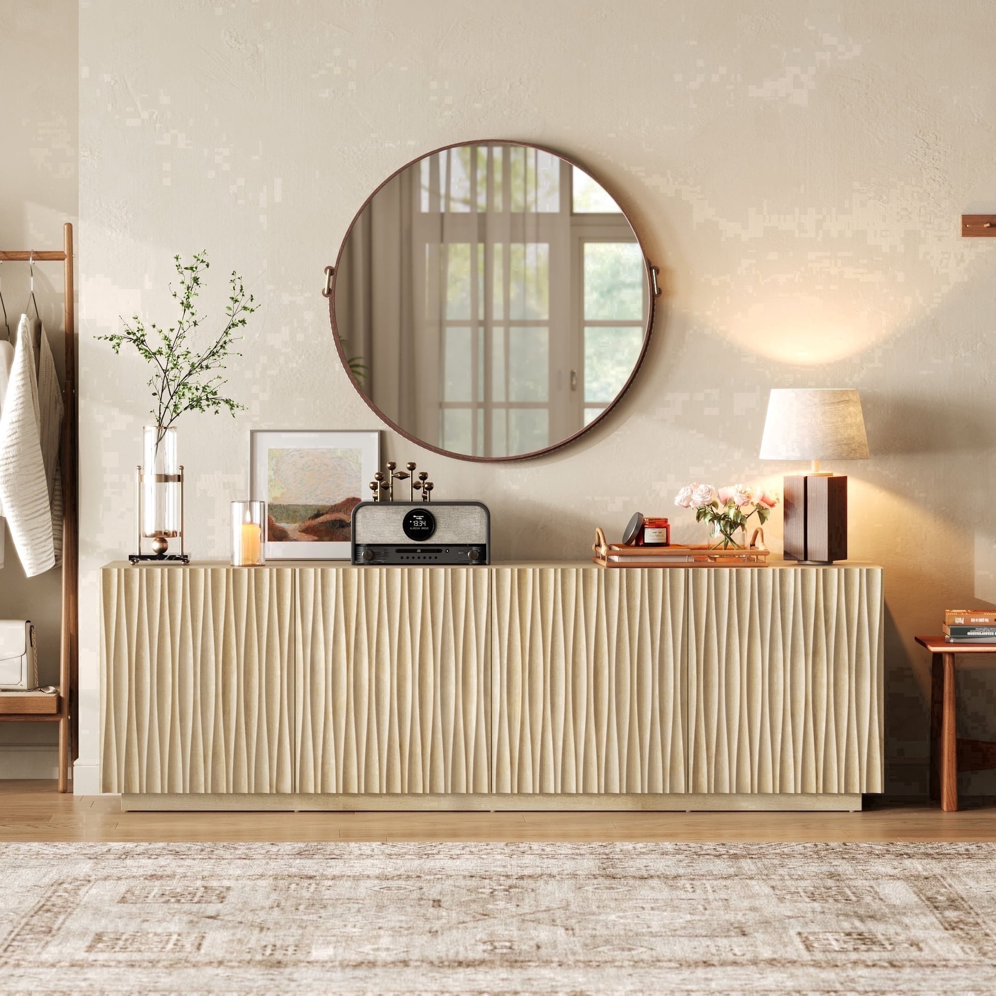 CHIC HOUSE 70" Sideboard Media Cabinet with Storage, Fluted Wood Buffet Cabinet, Media Console TV Stand Wood Credenza for Living Room, Oak