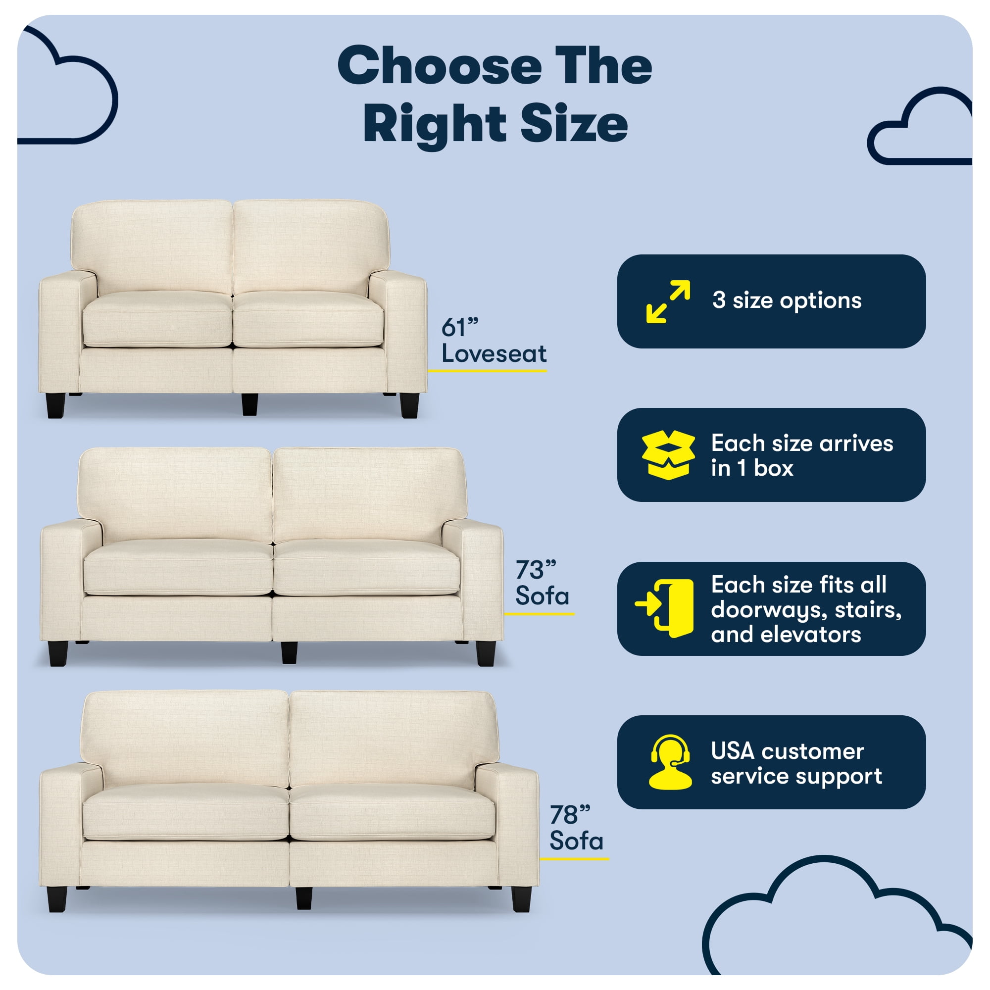 Serta Palisades 73" Track Arm Sofa, Easy Care Polyester, Loveseat or Couch for Small Spaces, Buttercream