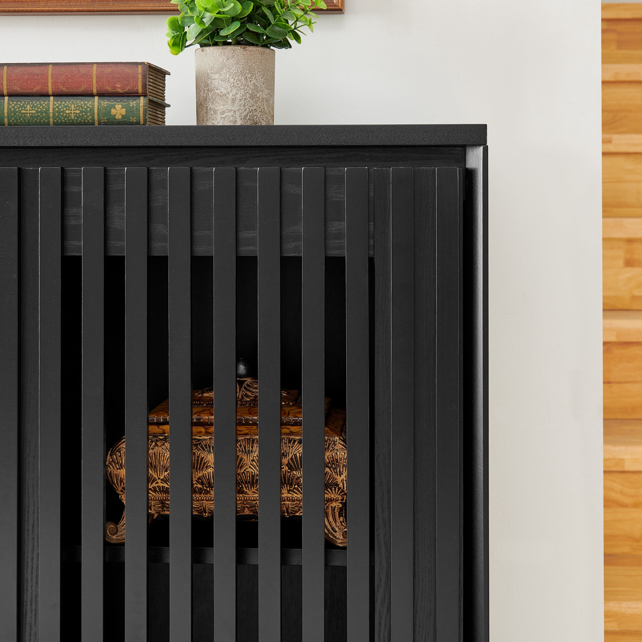Noble House Mid-Century Fluted Sideboard Buffet Cabinet with Hollowed Solid Wood Doors, Adjustable Storage, Black