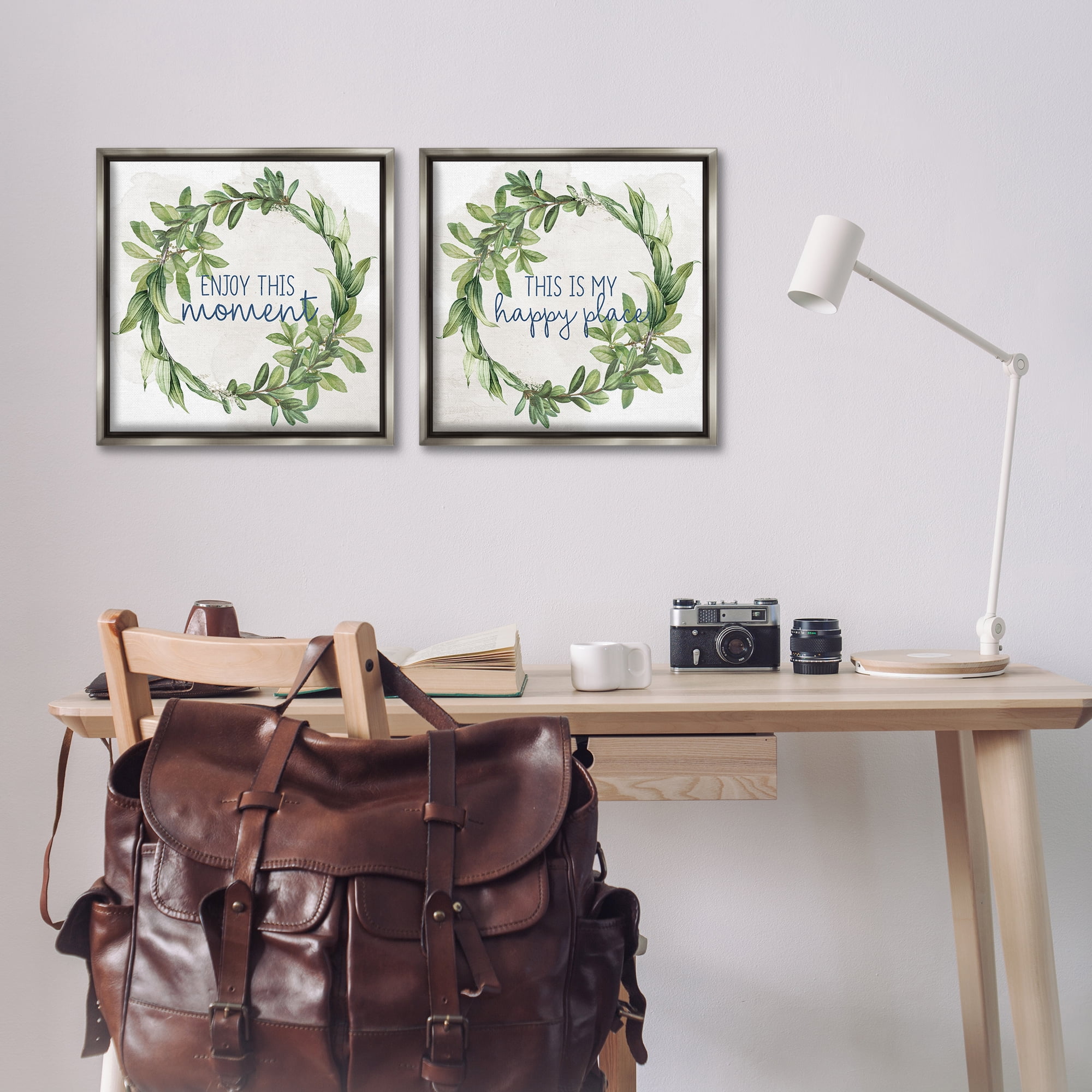 Stupell Industries Enjoy Happy Greenery Wreath Text & Numbers Painting Gray Floater Framed Canvas Art Print Wall Art, 18 x 18, Set of 2