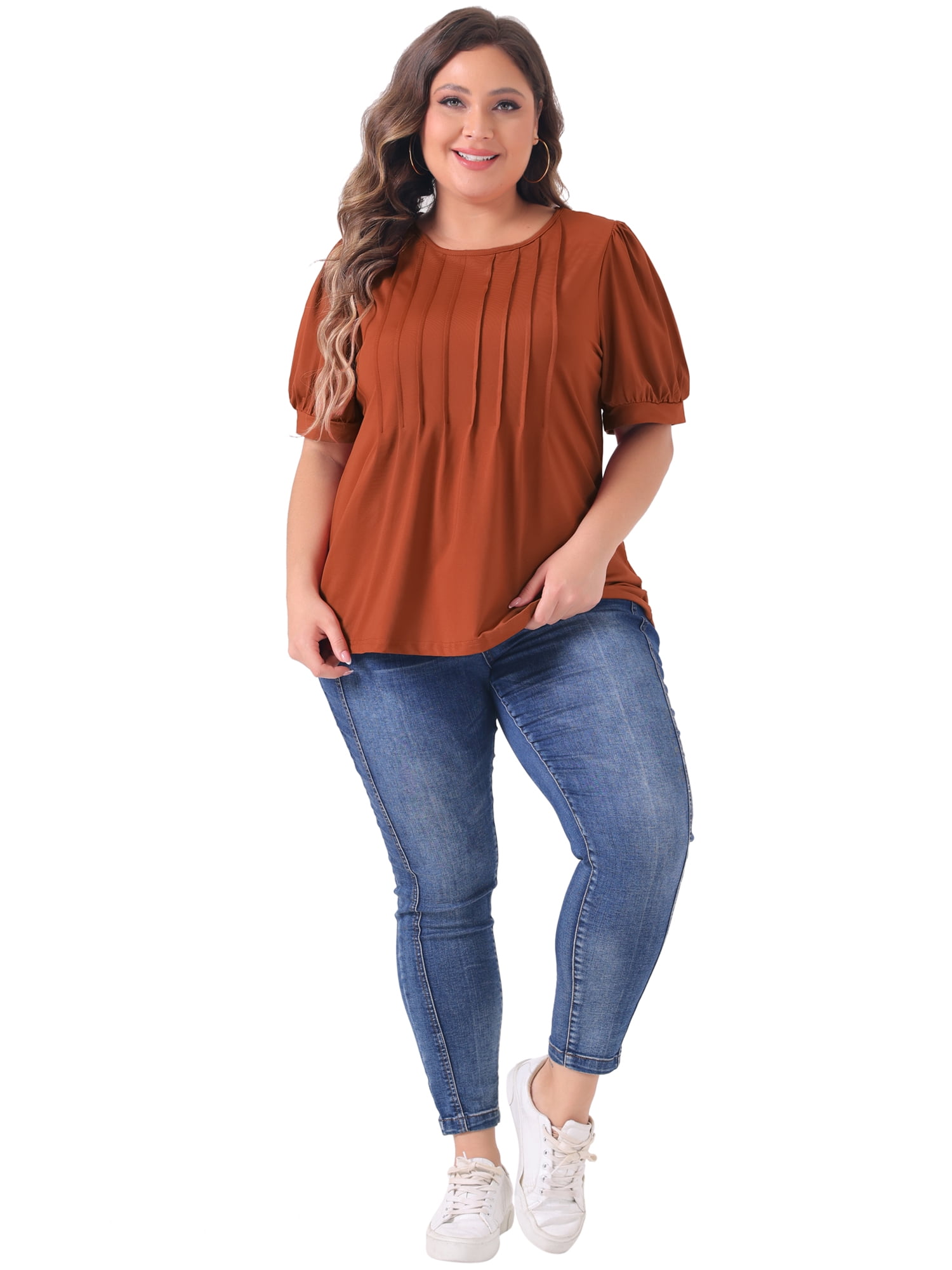Women's Plus Top Puff Short Sleeve Tops Crew Neck Pleated Shirts Tunic Blouses 3X Red Brown
