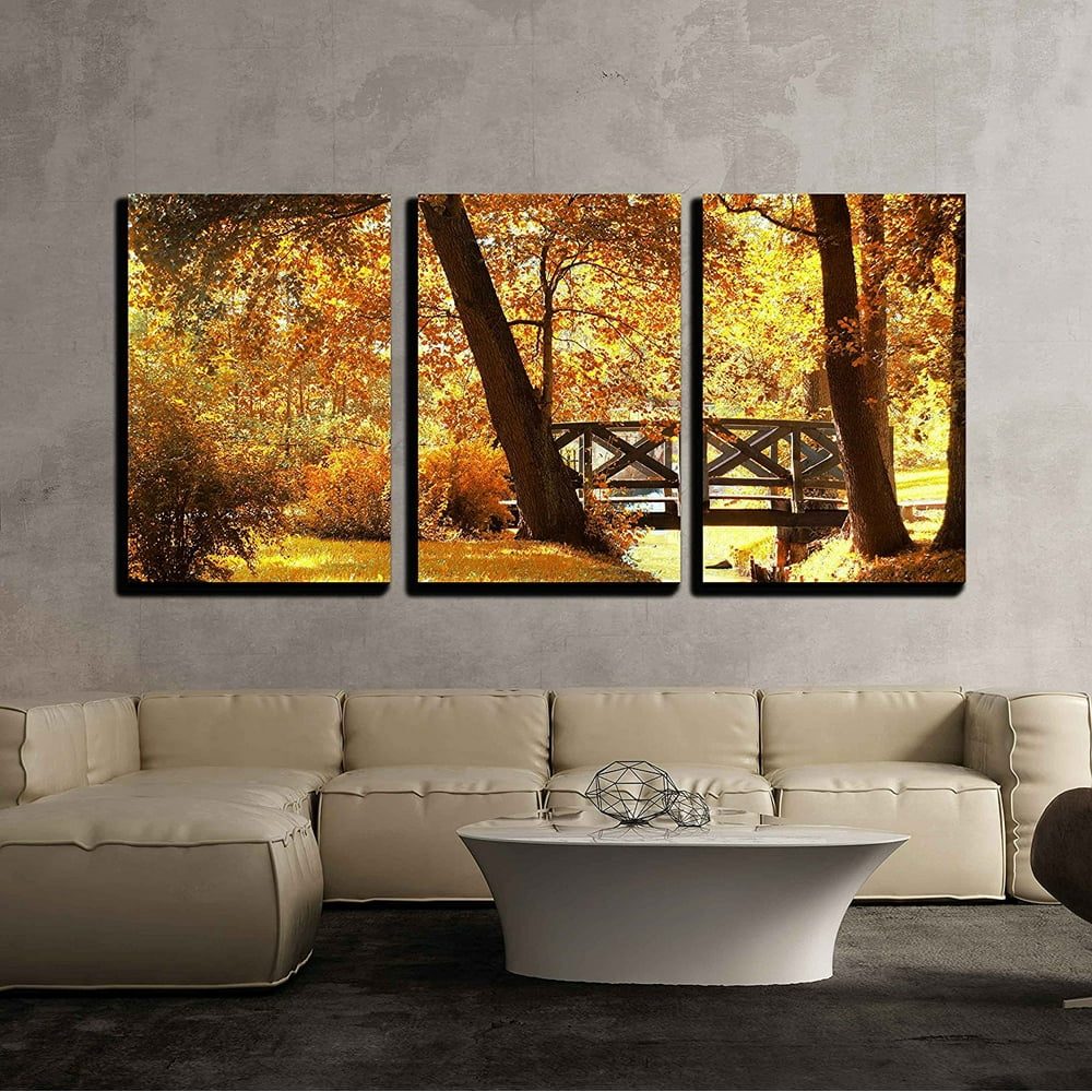 Wall26 3 Piece Canvas Wall Art Autumn Scenery. Beautiful Gold Fall in