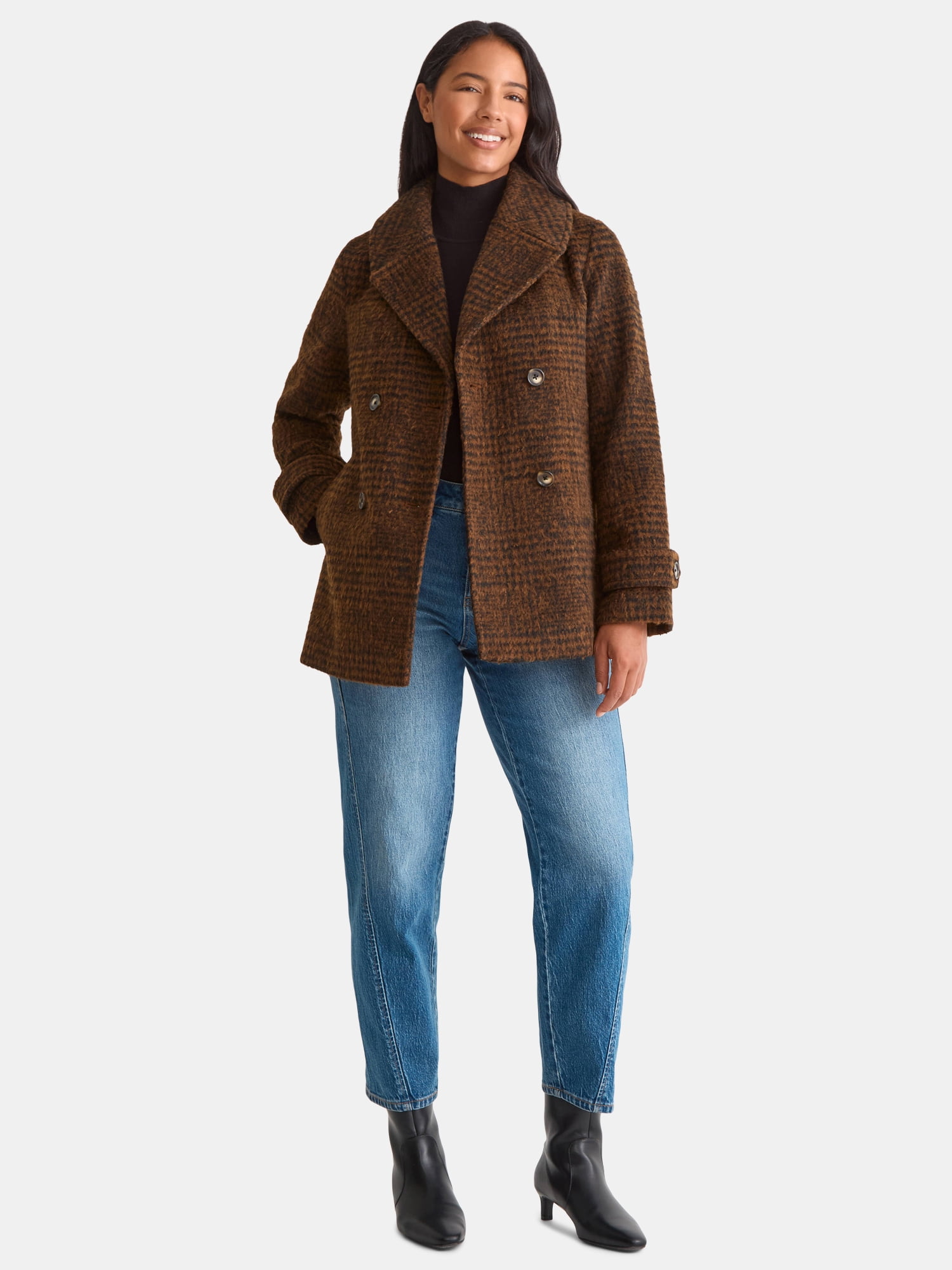 Time and Tru Women's and Women's Plus Faux Wool Peacoat, Sizes XS-2X