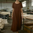 thumbnail image 5 of Horkkom Linen Dress Women Summer Short Sleeve Maxi Dress Casual Loose Flowy Pleated Dresses Crew Neck Solid Color Long Dresses L, 5 of 6