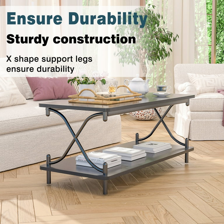 VECELO Modern X-Design Coffee Table with Wooden Top VECELO Modern X-Design Coffee Table with Wooden Top