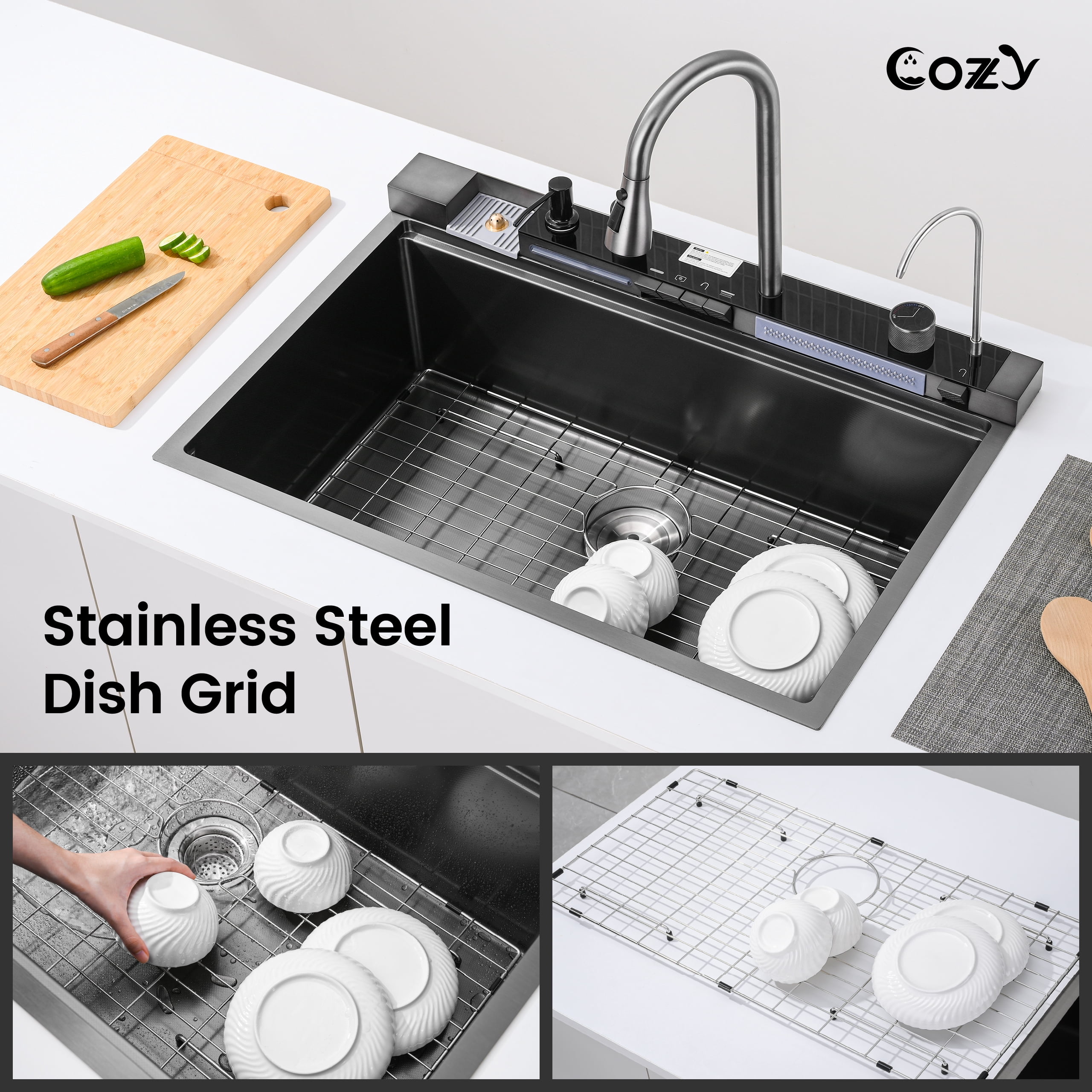 COZY Kitchen Sink Whale Digital Waterfall Sink, Flying rain Waterfall Kitchen Sink with Pull Down Sprayhead Faucet and Pressurized Cup Washer, 33"×22″ Stainless Steel Single Bowl Sink, SS-BL10-332212