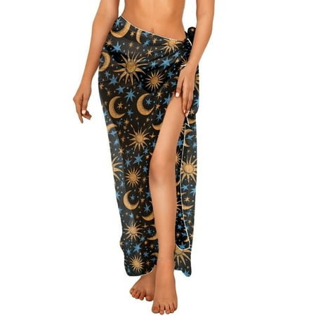 FKELYI Asterism Moon Star Print Sarong Cover Up Long Beach Wraps for Women Spring Bikini Cover Up Sheer Fabric Pareo Summer Swimwear Skirt Coverup for Bathing Suit for Lady