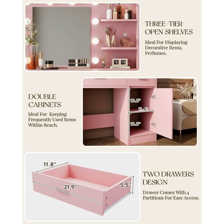 LIVELYGLOW Vanity with Lights, Makeup Vanity with Mirror, 3 Lighting Modes, for Bedroom, Pink