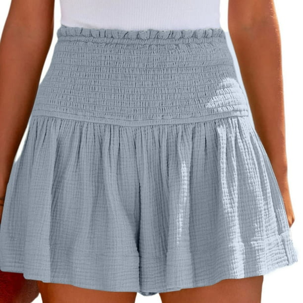 MKLEKYY Pantalones Cortos para Mujer, de Cintura Alta Elástica, Plisados, con Volantes, Bonitos, Informales y Fluidos para La Playa
