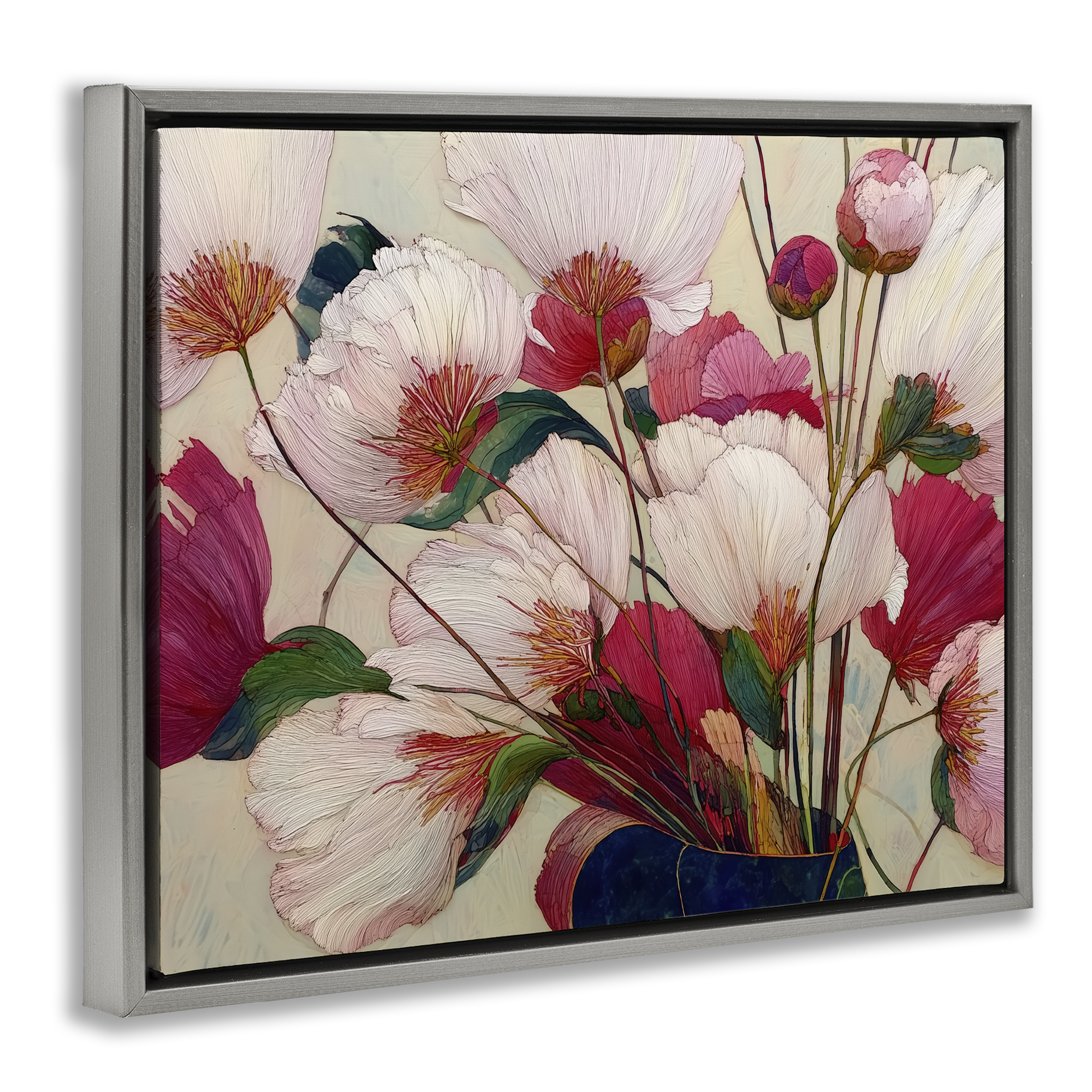 Lush Haiku Pink & White Flowers Gray Framed Floater Canvas Wall Art, design by Annabelle Hall