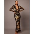 thumbnail image 6 of Black & Gold Metallic Deep V-Neck Long Sleeve Bodycon Dress For Evening Cocktail Party, 6 of 7