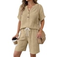thumbnail image 3 of Zynoxe Women's Cotton Linen Two Piece Sets Relaxed V Neck Short Sleeve Button Top Straight Leg Elastic Drawstring Waist Shorts Set Comfy Breathable Summer Outfits Versatile Solid Color Lounge Set S, 3 of 6