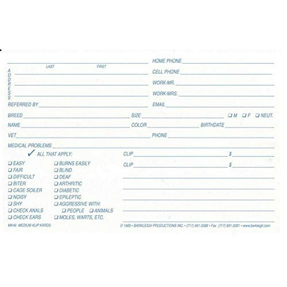 White Klip Kards Dog Grooming Kennel Card Chart Pet Info Checklist 4 x 6 100 Ct (200 Pack)