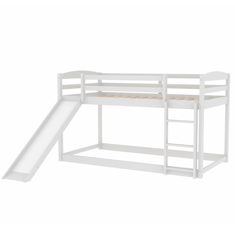 Euroco Solid Wood Twin Over Twin Bunk Bed with Slide, White photo 5