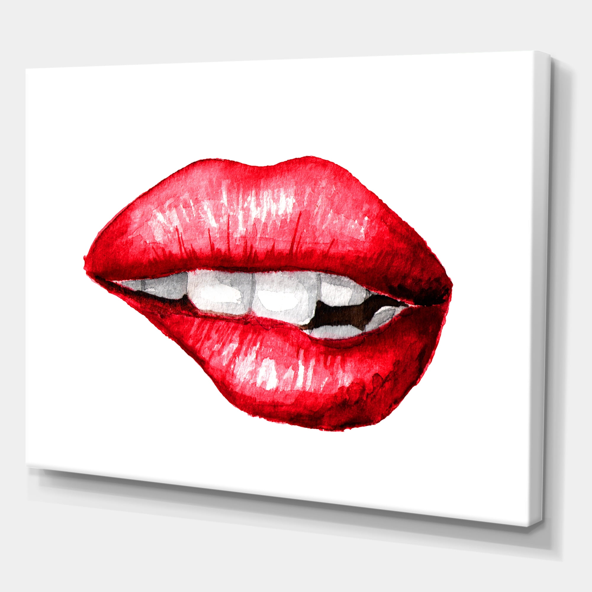 Designart ' Sexy Plump Puffy Girl Lips Biting ' Modern Canvas Wall Art Print