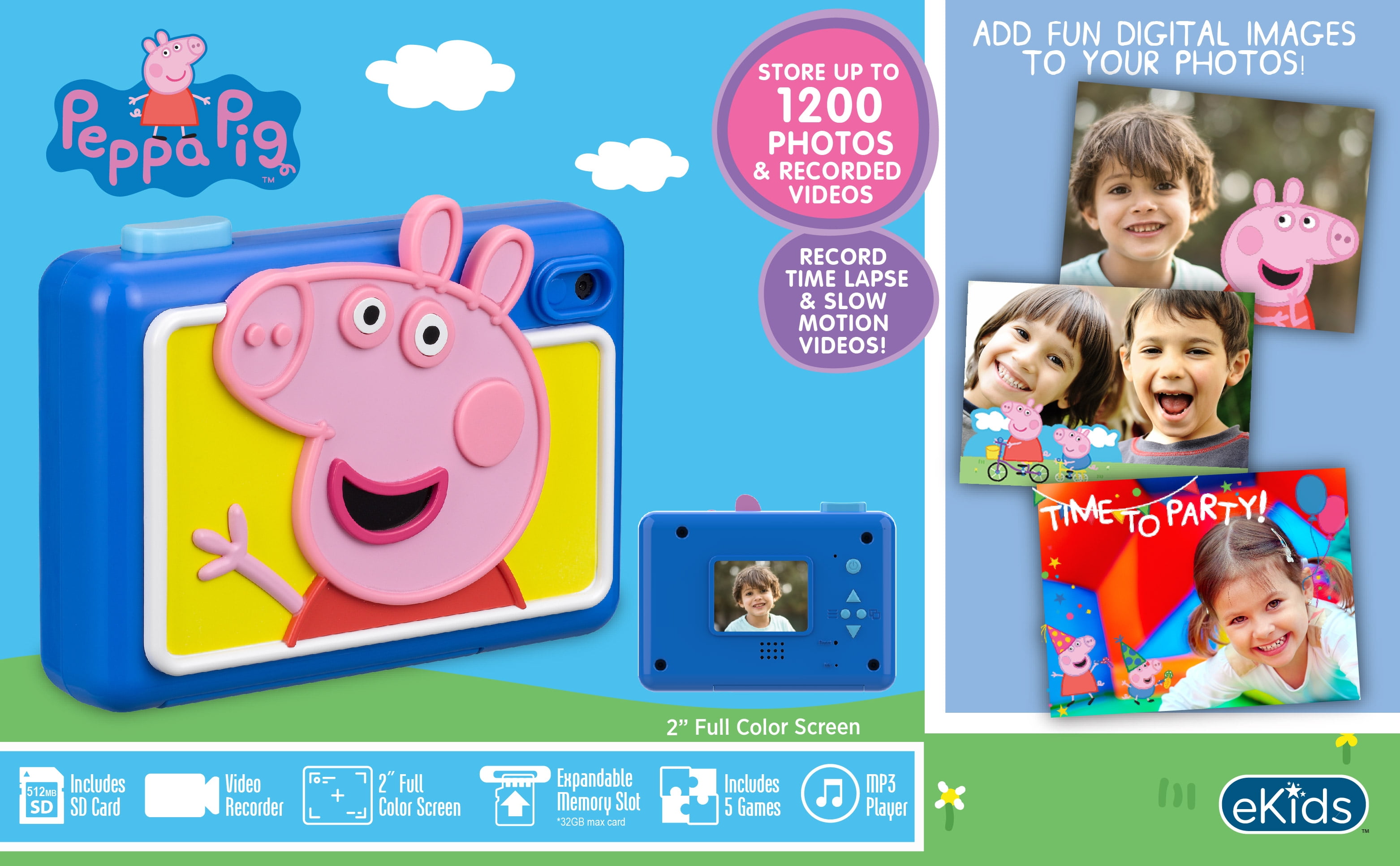 ekids Peppa Pig Kids Camera with SD Card, Digital Camera for Kids with Video Recording and Built-in Digital Stickers