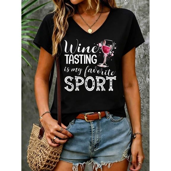 Wine Tasting is My Favorite Sport V Neck T-Shirt Cotton Women's V Neck Graphic Tee, Casual Short Sleeve Shirt,Vacation Outfit