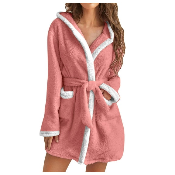 hxobax Womens Plush Hooded Robes, Fleece Soft Short Bath Robe for Women,Cozy Warm Bathrobe,Spa robe With Pockets Classic Winter Kimono Bathrobes Loungewear Belt Sleepwear Nightgown,Pink,Small