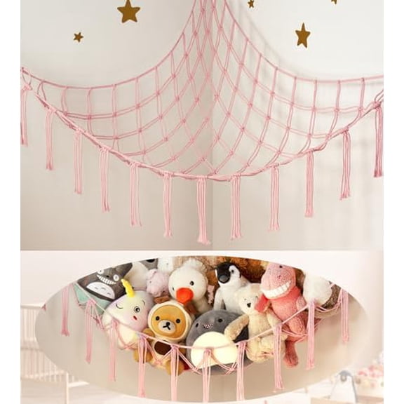 Stuffed Animal Storage Hammock Corner Net - Pink Room Christmas Decor for Teen Girls - Toys Storage Hanging Stuff Animal Organizer Holder Cute Stuff - Boho Nursery Dorm Bedoom Decor Aesthetic