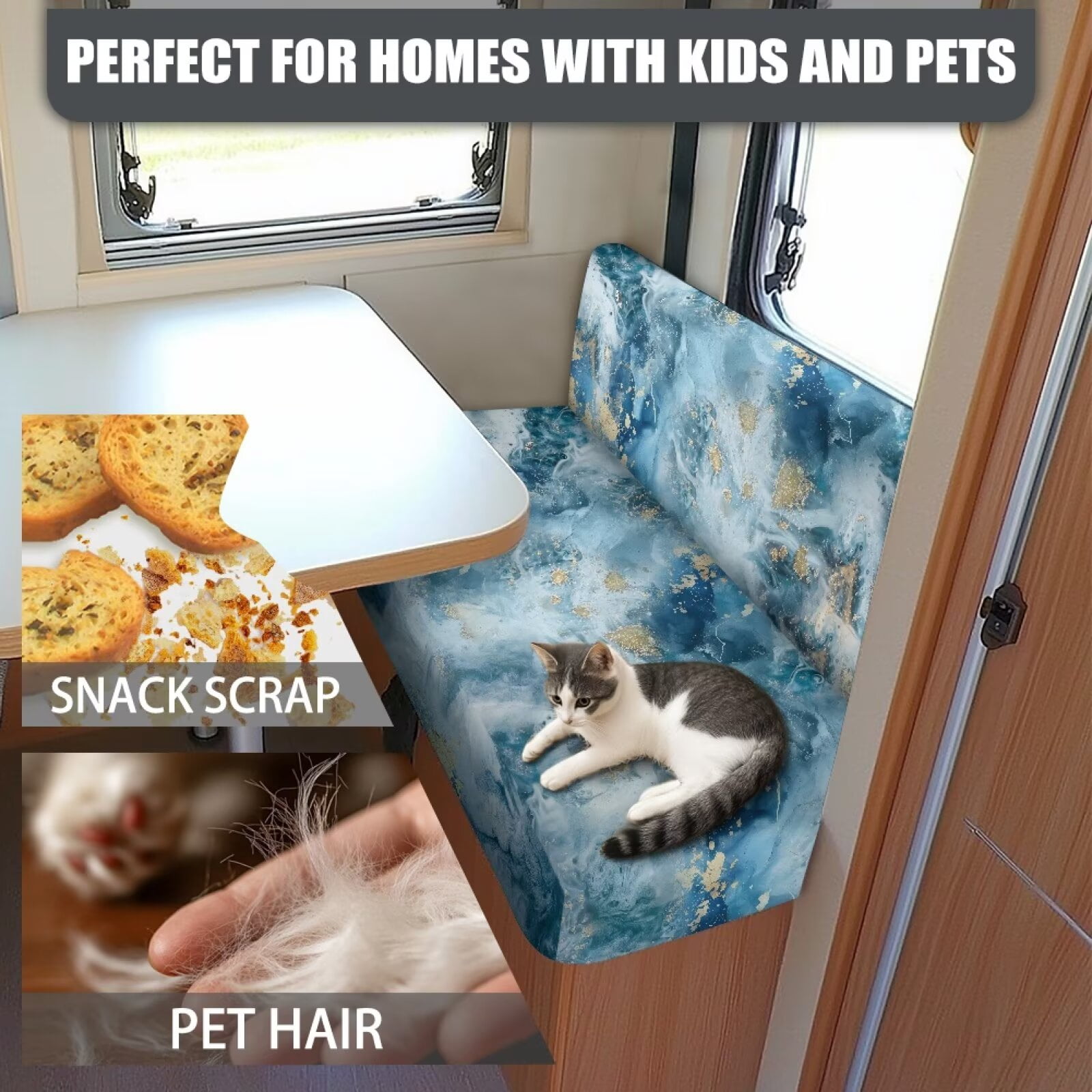 XYZCANDO Blue Marble Print RV Dinette Cushions Washable Camper Decor Stretchable Bench Seat Cover Universal Couch Cover 2 Cushion Sofa Comfortable Slip Covers for Loveseat Blue