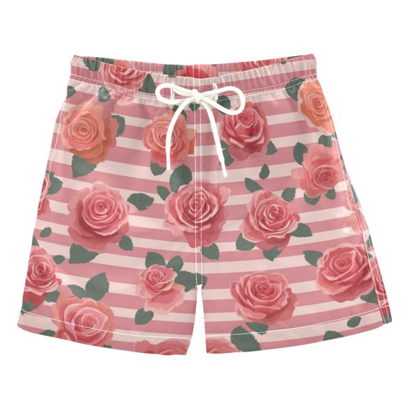 Kids' Beach Pants Comfortable Swim Trunks Roses and Stripes Pattern Shorts for Pool Vacation and Lounge Wear 2T