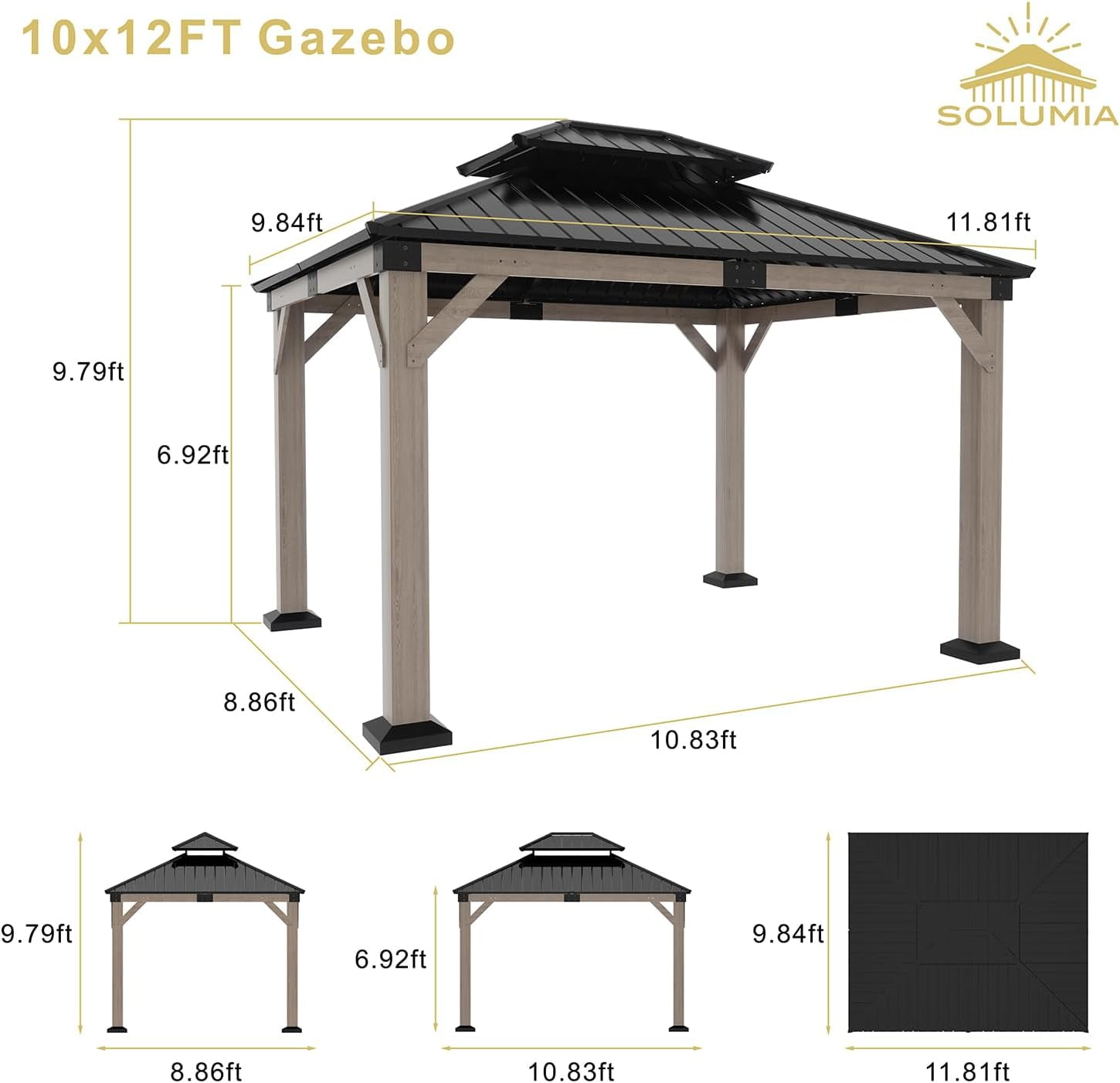 SOLUMIA 10'x12' Hardtop Gazebo Cedar Wood Frame with Double Galvanized Steel Roof, Brown, for Patio or Backyard