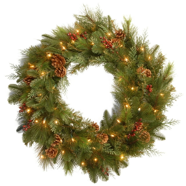 Couronne Mixte Noble de 30" de Collection Décorative avec des Baies Rouges, des Cônes et 50 Lumières Blanches Douces de Batterie Menée