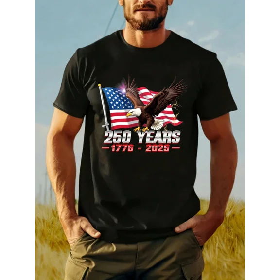 Patriotic USA 250 Years 1776-2025 Men's T-Shirt Retro American Flag Bald Eagle Graphic Tee Vintage Style Semiquincentennial Celebration Apparel