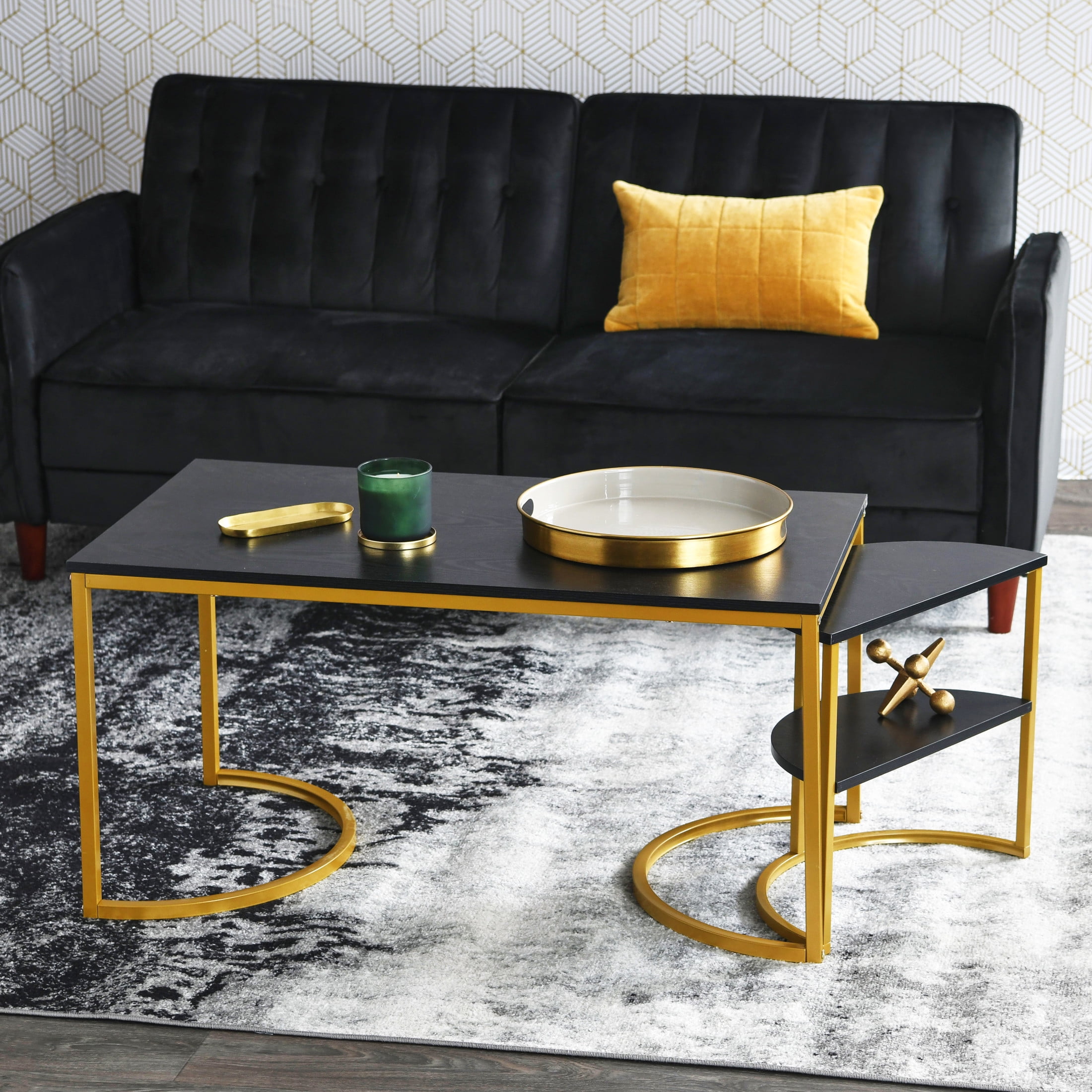 Household Essentials Half Moon Side End Table with Storage Shelf Black Oak Wood Grain and Gold Metal