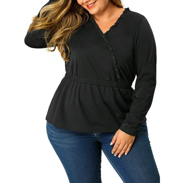 Unique Bargains - Women's Plus Size Blouse Ruffle Wrap V Neck Frill Peplum Top - Walmart.com