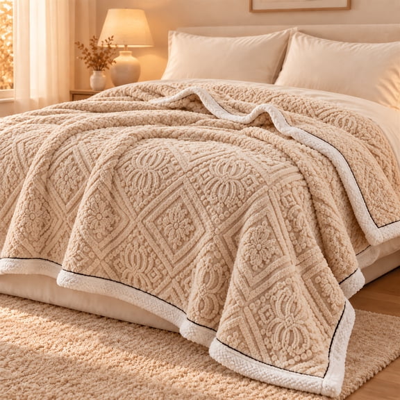 Throw 51x59 in Beige Embossed Pattern Reversible Bed Blanket for Sofa Couch