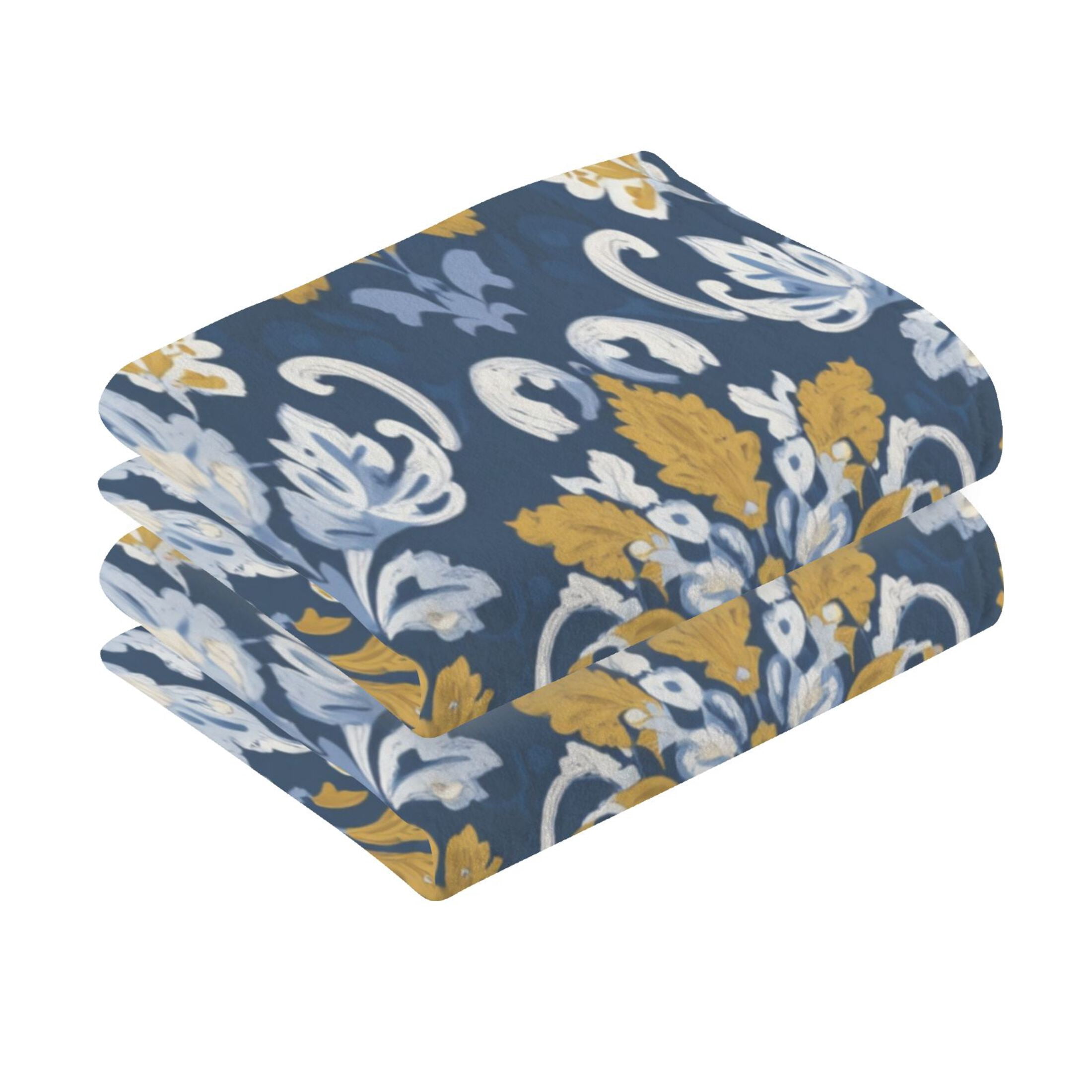 2 Pieces of Cotton Towel Face Towel Set Hand Towel Bath Towel Cotton Bath Towel Sets Navy Damask Golden Florals