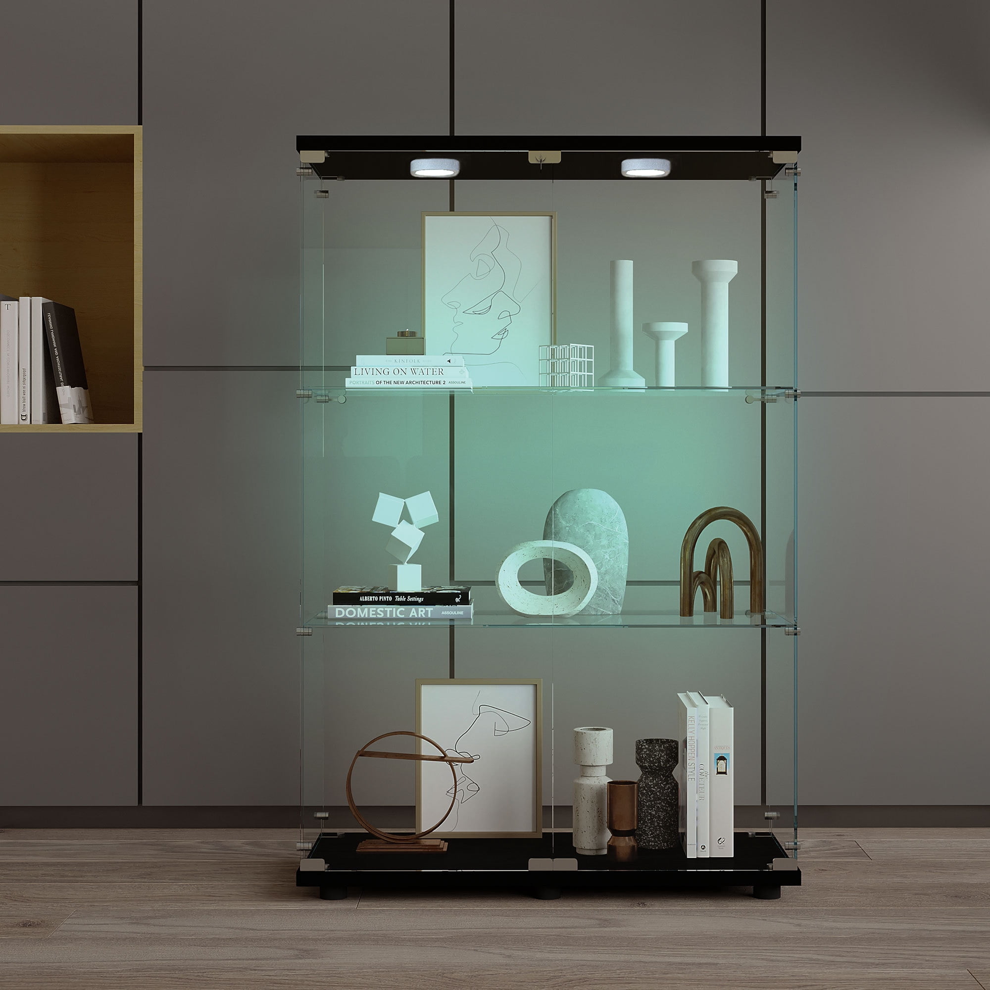 Display Cabinet with Glass Doors,49" Storage Cabinet with LED,3-Tier Curio Cabinet & Bookshelf, Collection Showcase for Home Office,Black