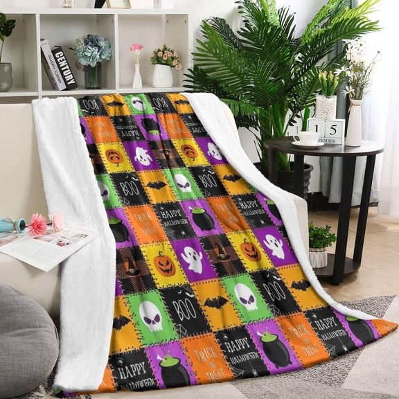 Halloween Patchwork Icons Pattern Blanket,Comfortable Soft Flannel Throw Blanket,All Season,Warm Lightweight Blankets for Sofa Bed Couch Living Room Chair,60"x80"