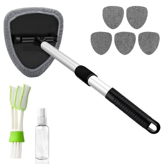 Windshield Cleaner Tool with 180° Rotating Head, Car Window Cleaner Tool with Extendable Handle, 6 Reusable Microfiber Covers, 1 Spray Bottle and 1 Detail Cleaning Brush, Car Windshield Cleaning Brus